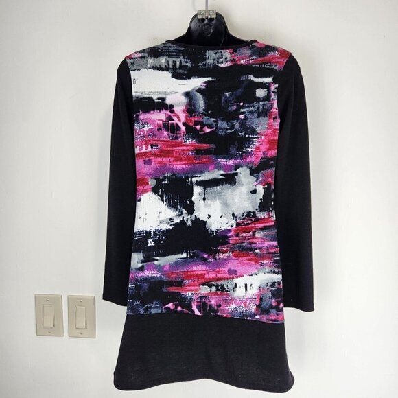 Marble Sweater Mini Dress XS Black Pink Abstract Long Sleeve Crew Neck Fine Knit - Picture 2 of 9